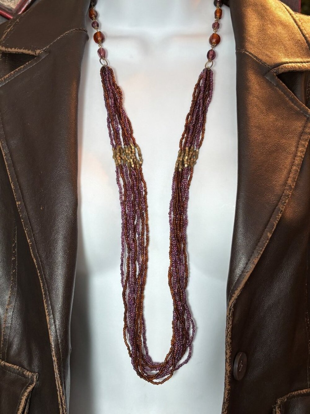 Multistrand Purple & Amber seed Beaded Necklace With Brass Accents Adjustable Le